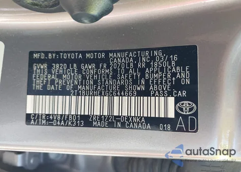 2016 Toyota Corolla Le from USA, damaged, VIN 2T1BURHEXGC644669